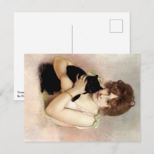 Postal Festiva Joven mujer sosteniendo gato negro pintura de bail