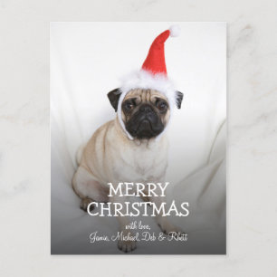 Postal Festiva Joven pug con sombrero Santa