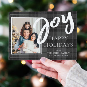 Postal Festiva Joy Black Plaid Tartan Photo Happy Holidays