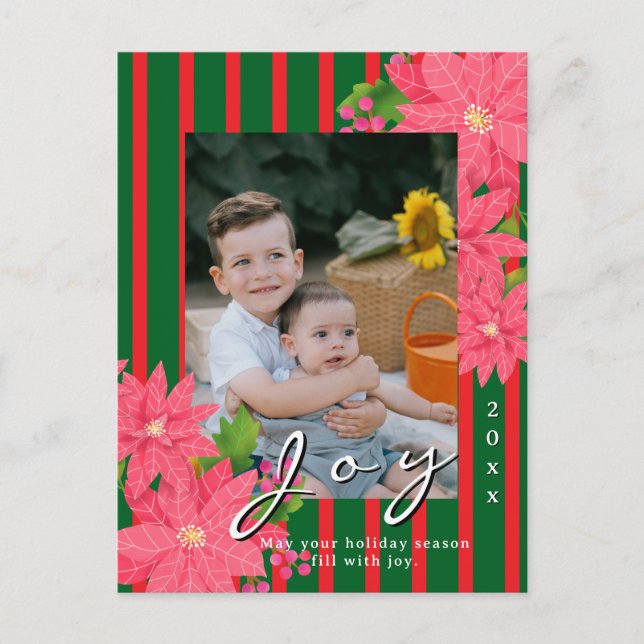Postal Festiva Joy Christmas Poinsettia Photo Red Green (Anverso)