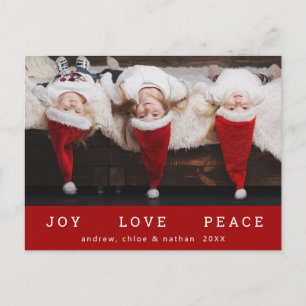 Postal Festiva JOY LOVE PEACE Navidades Graciosa Foto Roja