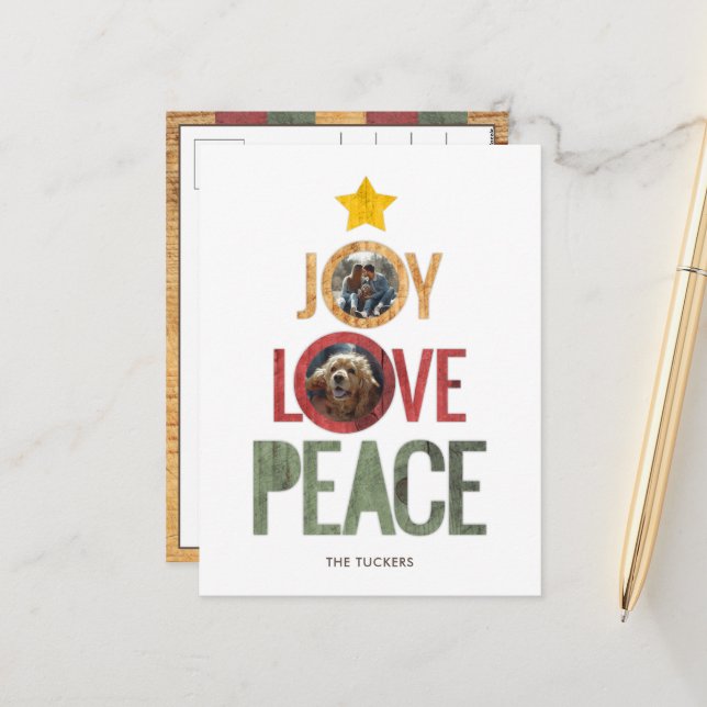 Postal Festiva Joy Love Peace Rustic Photo Christmas Tree (Anverso/Reverso In Situ)