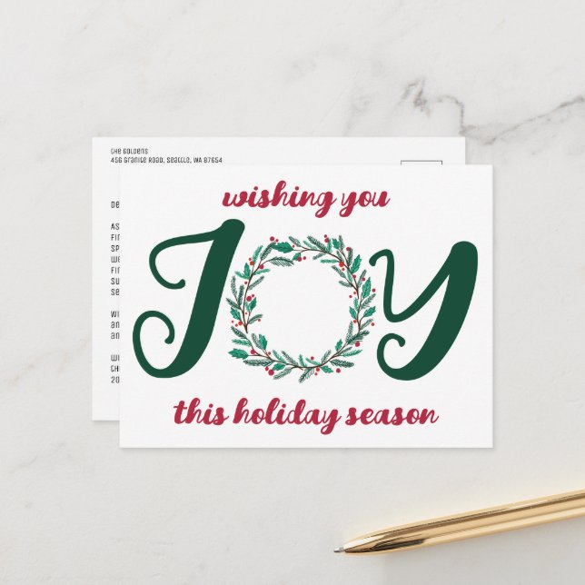 Postal Festiva JOY Navidades Wreath Simple (Anverso/Reverso In Situ)