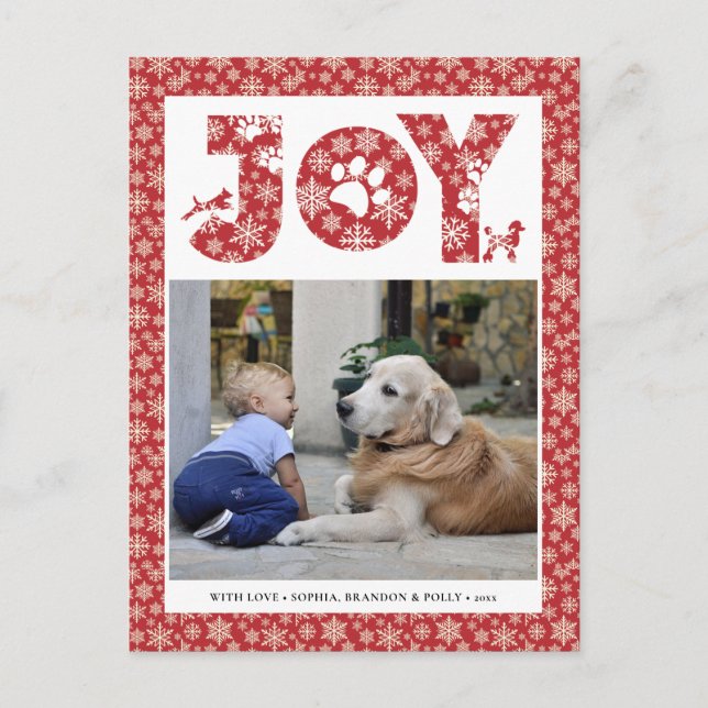 Postal Festiva JOY Paws Gold | Amantes De Las Mascotas Con Copos  (Anverso)