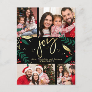Postal Festiva Joy Photo Red Gold Navidades Greenery Black
