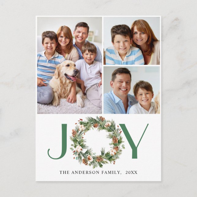 Postal Festiva JOY Pine Cones Fir Wreath Navidades 3 FOTOS (Anverso)