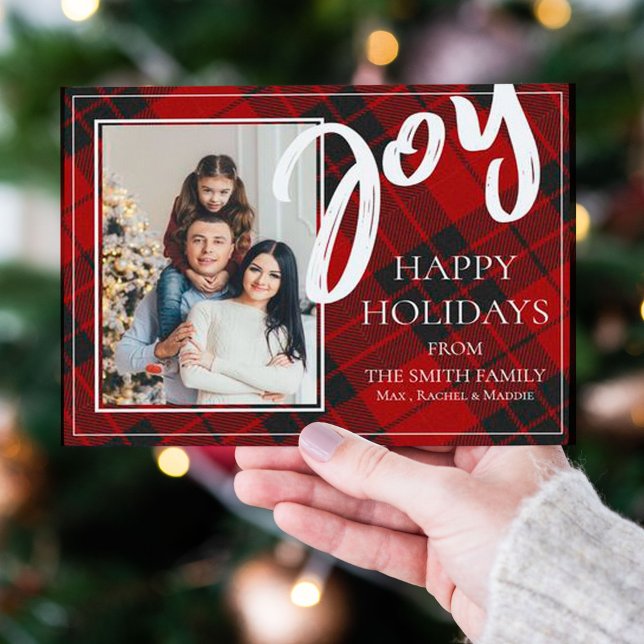 Postal Festiva Joy Red Black Plastic Tartán Photo Happy Holiday (Subido por el creador)