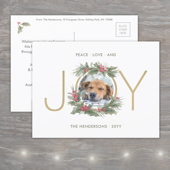 Postal Festiva JOY Watercolor Navidades Wreath Personalizado Phot (Subido por el creador)