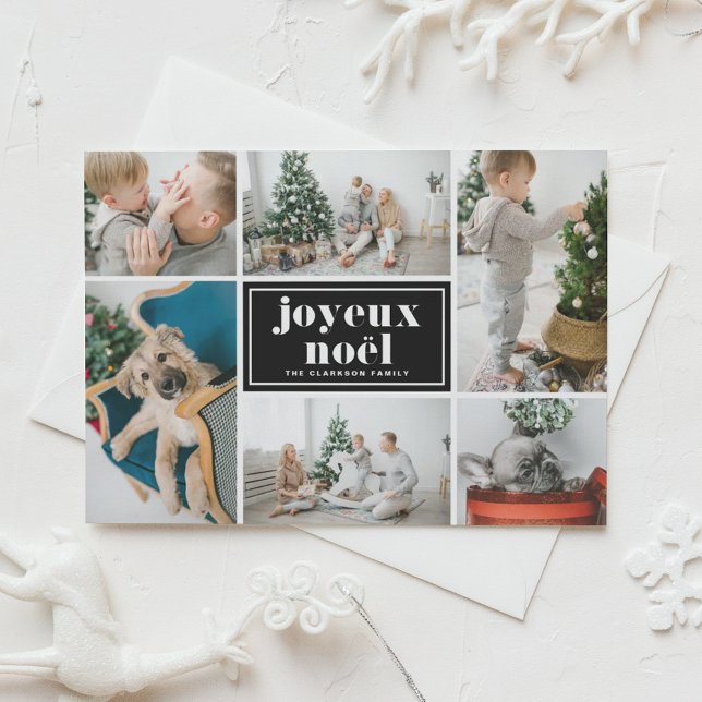 Postal Festiva Joyeux Noël Retro Typography Black Photo Collage (Customizable photo collage holiday postcard featuring joyeux noël in retro bold typography.)
