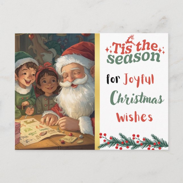 Postal Festiva Joyful Christmas Wishes Santa and Elves Postcard (Anverso)