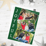 Postal Festiva Joyful Green 3 Navidades de Collages de fotos fami<br><div class="desc">Postal de collage de fotos de Navidades verdes modernos con 3 fotos familiares en un divertido patrón de instantánea superpuesta con borde blanco y la palabra Joyful escrito verticalmente por un lado. Encuentra tus tres fotos favoritas para estas bonitas postales familiares.</div>