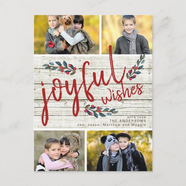 Postal Festiva Joyful Wish Rustic Navidades Rojos 4 Collage de fo (Anverso)