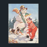 Postal Festiva Jugando en la nieve<br><div class="desc">Imagen de vacaciones retro de un niño tratando de poner una bufanda alrededor del cuello de un muñeco de nieve - como sus terribles cachorritos tira al otro lado.</div>