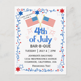 Postal Festiva Julio Cuarto Fuegos artificiales de la Bandera Ame