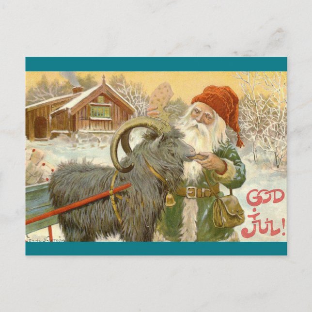 Postal Festiva Jultomten alimenta a Yule Goat con una galleta (Anverso)