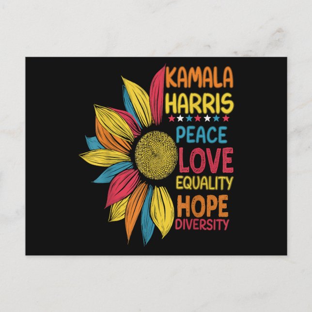 Postal Festiva Kamala Harris Peace Love Equality Hope Diversity (Anverso)