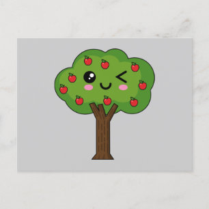 Postal Festiva Kawaii feliz árbol de manzanas