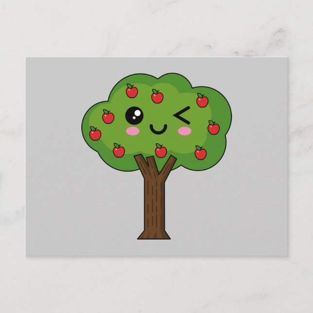 Postal Festiva Kawaii feliz árbol de manzanas (Anverso)