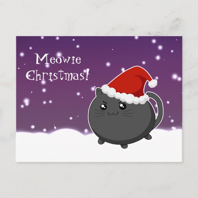 Postal Festiva Kawaii navidades gatito negro (Anverso)