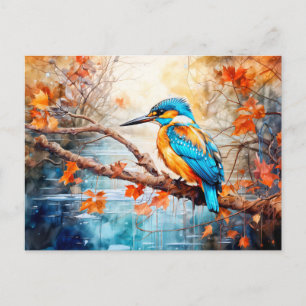 Postal Festiva Kingfisher encima del estanque al estilo de la pin
