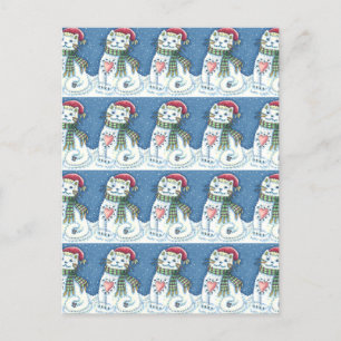 POSTAL FESTIVA KITTEN DE NIEVE, GATO Y RATÓN DE NIEVE