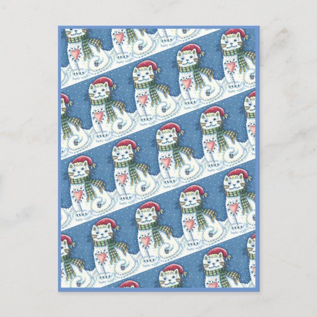 POSTAL FESTIVA KITTEN DE NIEVE, GATO Y RATÓN DE NIEVE (Anverso)