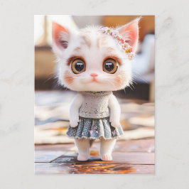 Postal Festiva Kitten en Blue Skirt y en el patrón de flor Blouse