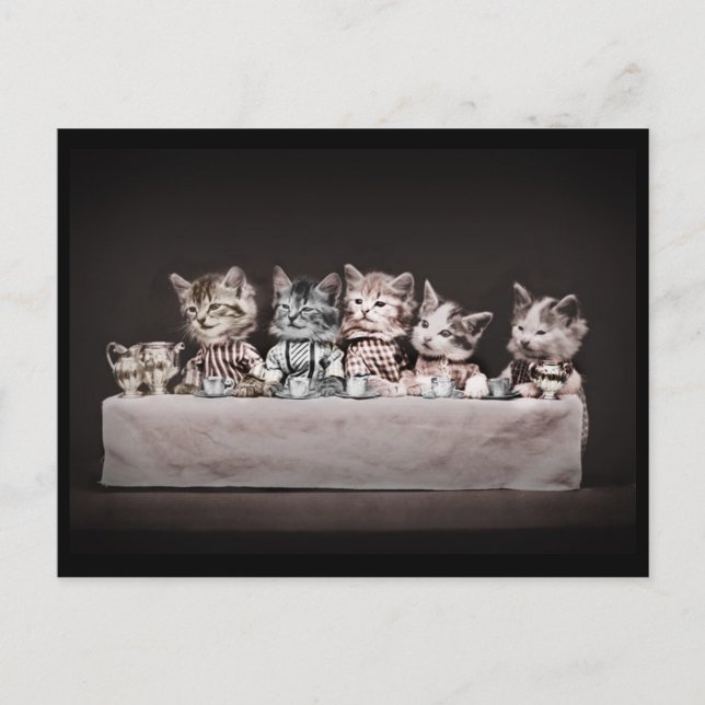Postal Festiva Kitties en la mesa de té (Anverso)
