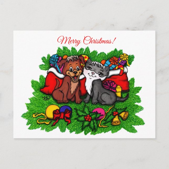 Postal Festiva Kitty and Puppy , Happy XMas (Anverso)