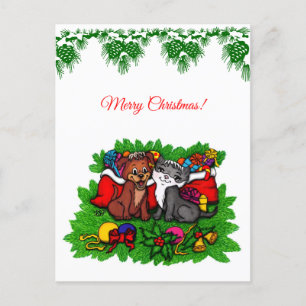 Postal Festiva Kitty and Puppy , Happy XMas