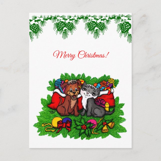 Postal Festiva Kitty and Puppy , Happy XMas (Anverso)