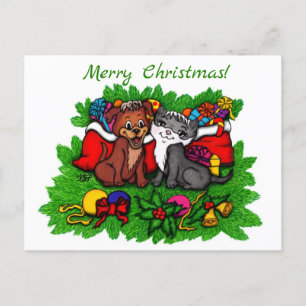 Postal Festiva Kitty and Puppy , Happy XMas