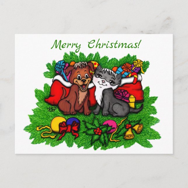 Postal Festiva Kitty and Puppy , Happy XMas (Anverso)