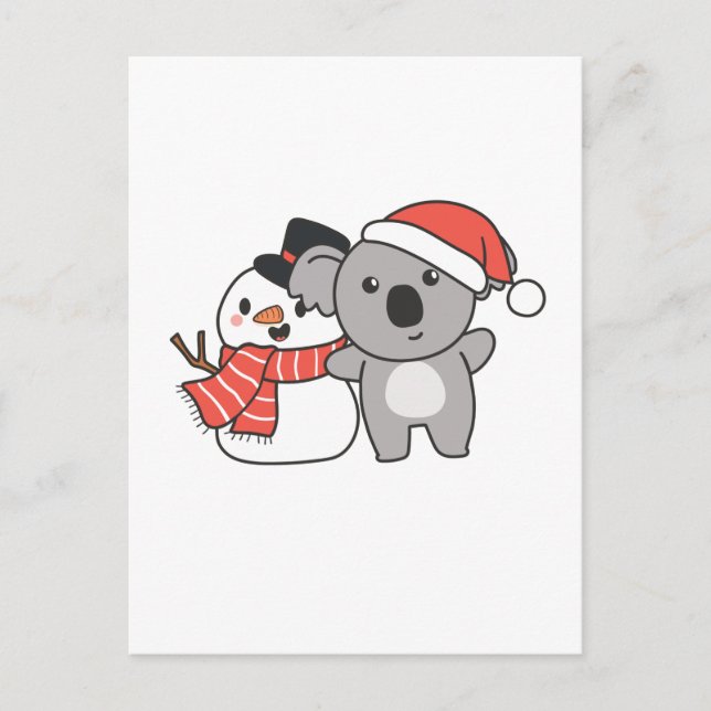 Postal Festiva Koala Con Snowman En Invierno Para Navidades (Anverso)