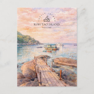 Postal Festiva Koh Tao, Isla, Tailandia Recuerdo en Acuarela