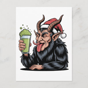 Postal Festiva Krampus Malvado Bebiendo Bebida Verde Matcha Navid