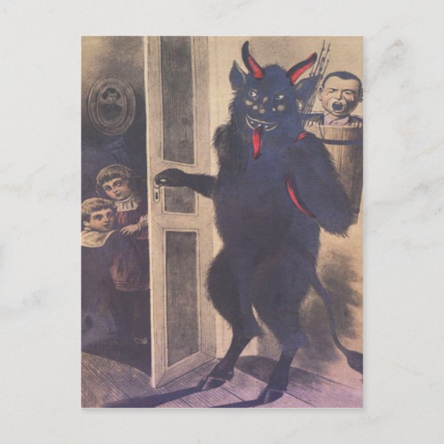 Postal Festiva Krampus que recolecta a la familia (Anverso)