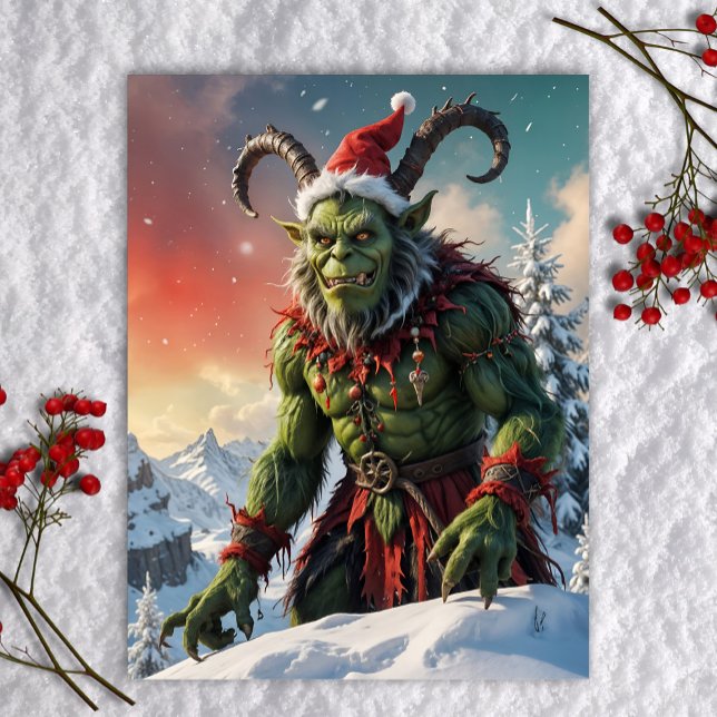 Postal Festiva Krampus Verde en la Cima Nevada de la Montaña Grum (Green Krampus anti-Christmas monster legend character weird holiday postcard art)
