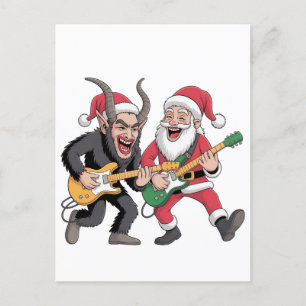 Postal Festiva Krampus y Santa tocando guitarra eléctrica en Navi