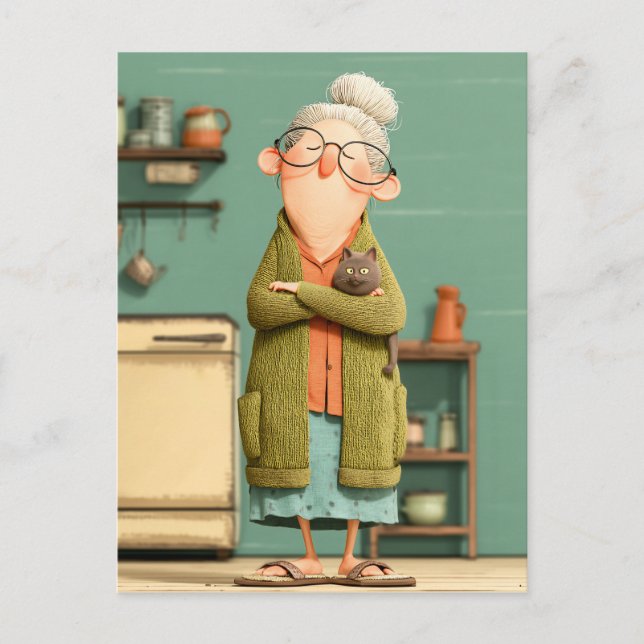 Postal Festiva La abuela encantadora y su gato (Anverso)