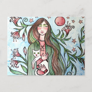 Postal Festiva La diosa de la estrella Lily con su gato blanco