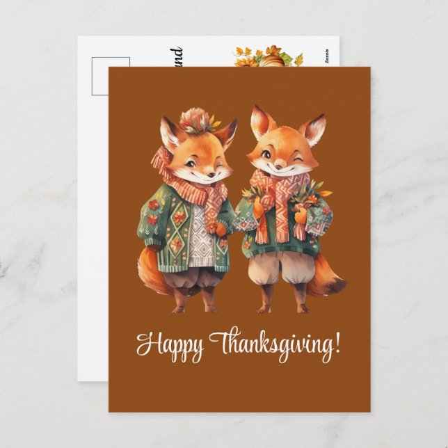 Postal Festiva La familia Fox feliz día de Acción de Gracias (Anverso / Reverso)