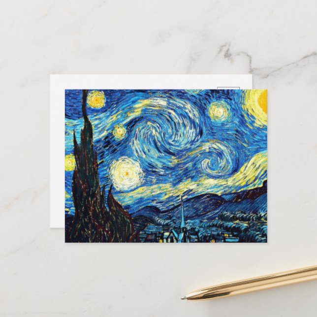 Postal Festiva La famosa pintura de Van Gogh, Noche Starry, (Anverso/Reverso In Situ)
