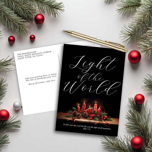 Postal Festiva La luz de la Biblia mundial contra los Navidades c (Light of the World Bible Verse Christian Christmas Holiday Postcard)