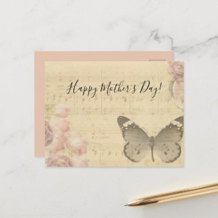 Postal Festiva La mariposa Rosas de la música de la vieja hoja de