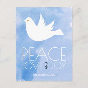 Postal Festiva La paz amor alegría color agua y Navidades de palo