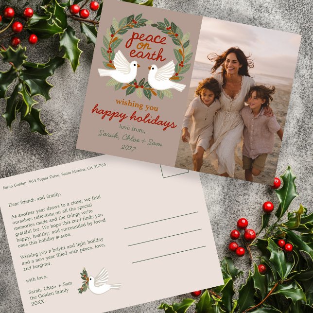 Postal Festiva La paz en la tierra Navidades PERSONALIZADO FOTO (Peace on Earth Doves Christmas CUSTOM PHOTO Holiday Postcard
)