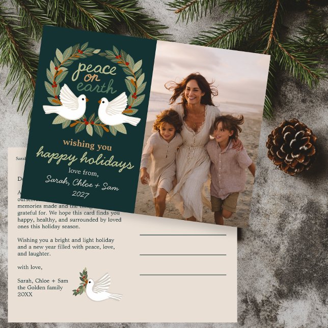 Postal Festiva La paz en la tierra Navidades PERSONALIZADO FOTO (Peace on Earth Doves Christmas CUSTOM PHOTO Holiday Postcard
)