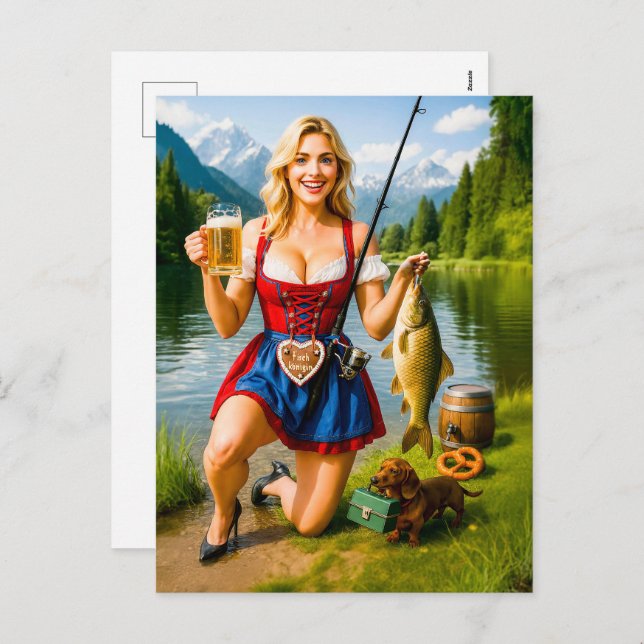 Postal Festiva La pesca graciosa de Chica con vestimenta bávara t (Anverso / Reverso)