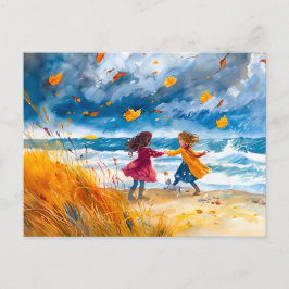 Postal Festiva La playa de Stormy del otoño con pintura de acuare